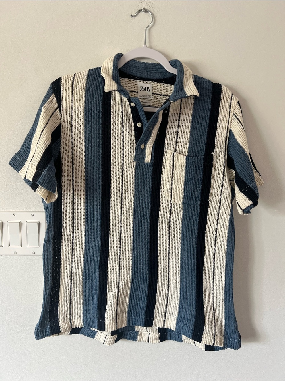 Zara Men’s Large Blue Cream Striped Short-Sleeve Button-Down Polo Shirt
